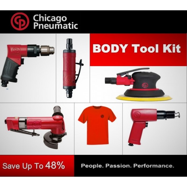 CP Body Work Kit - Grinder, Angle Grinder, Hammer, Drill, Sander & T-Shirt - Chicago Pneumatic 