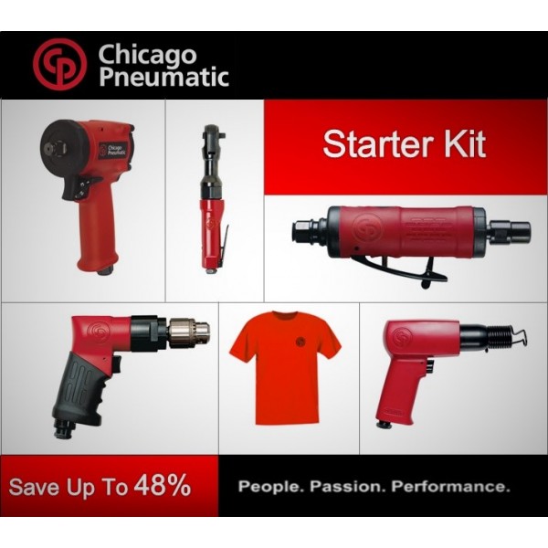 CP Starter Tool Kit - Impact Wrench, Ratchet, Drill, Grinder, Hammer & T-shirt - Chicago Pneumatic 